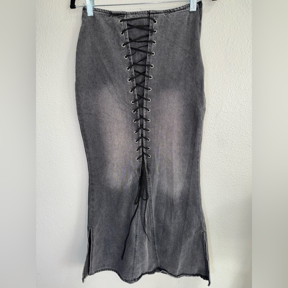 Over Kleshas Denim Maxi Skirt, Modest Lace Up Front Black Jean size medium